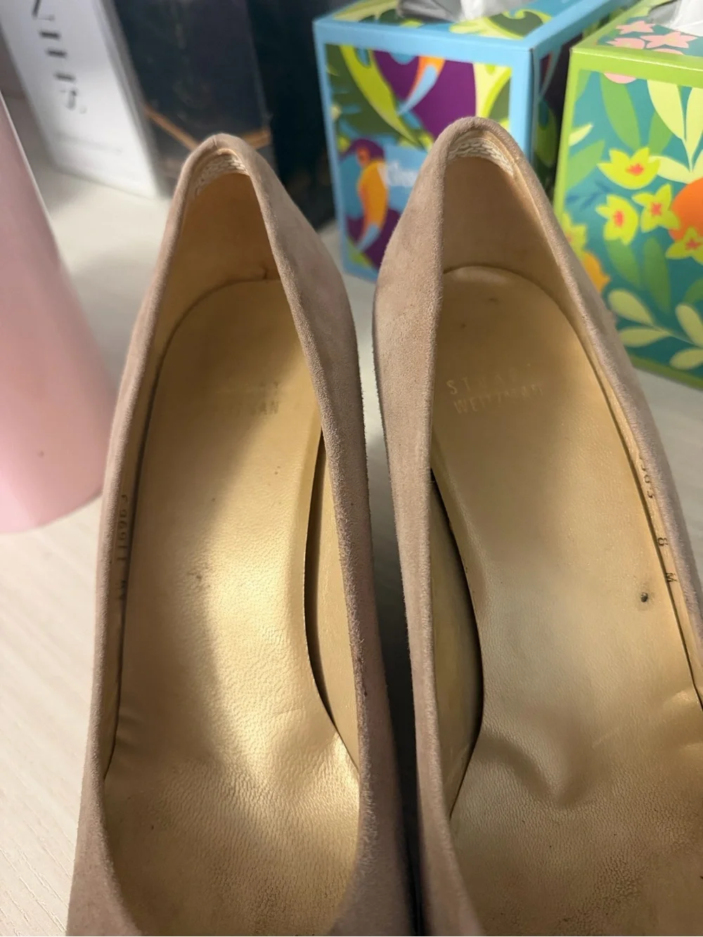 Stuart Weitzman Taupe Suede Peep-Toe Pumps with Gold Accent - Picture 6 of 8